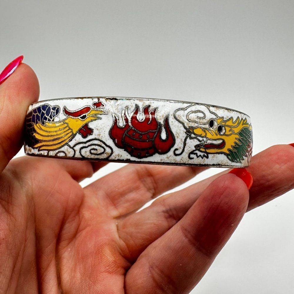 Vintage "Cloisonne" Bangle Bracelet with Dragon/Firebird, blue enamel interior!‎